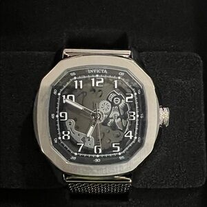 Invicta Silver-Tone Octagonal Skeleton Dial Mesh Watch
